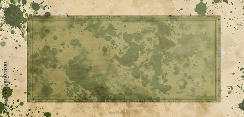 Broad perspective of an olive green frame on splotchy vintage wallpaper. photo