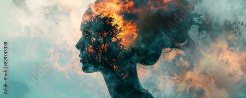 Abstract silhouette of a woman's head with fiery elements blending with nature, symbolizing inner power and connection to the universe.