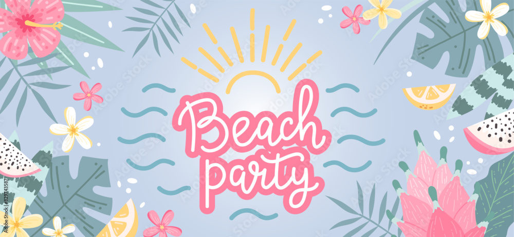 Beach party summer lettering, background with flowers and leaves. Hand drawn vector illustration Beach party summer lettering, background with flowers and leaves. Hand drawn vector illustration