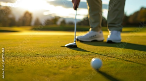 A golfer reading the green and lining up a putt with a putter in hand, focusing intently on the break and speed.