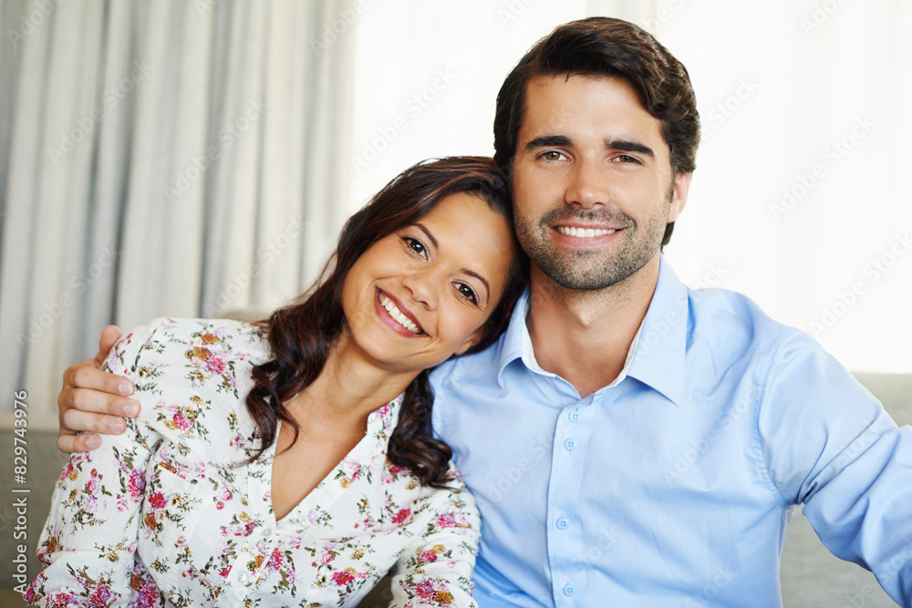 Home, portrait and couple on sofa for love, bonding and commitment in marriage with pride. Married people, man and woman in living room for relax, romantic relationship and happiness on couch Home, portrait and couple on sofa for love, bonding and commitment in marriage with pride. Married people, man and woman in living room for relax, romantic relationship and happiness on couch