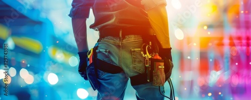Construction worker with tool belt standing in urban setting with colorful bokeh lights in the background, representing labor and hard work photo