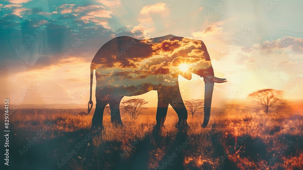 Fototapeta premium Double exposure image of an elephant and a vibrant sunset landscape. Wildlife and nature blend in a beautiful artistic composition.