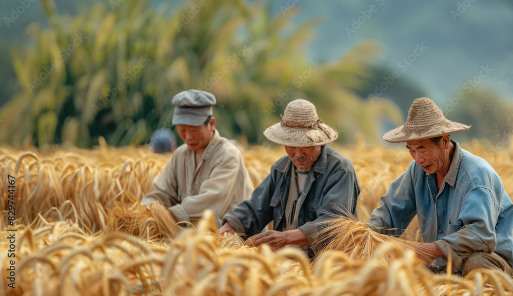 Three men are sitting in a field of grain, smiling and enjoying the day. Scene is happy and relaxed. men picking up wheat on a field, in the style of traditional chinese