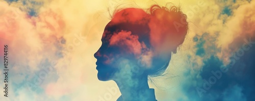 Double exposure image of a woman's silhouette with colorful clouds, creating a surreal and dreamlike effect.