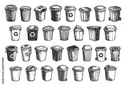 Doodle Style Garbage Cans Icons Set. Hand Drawn Simple Style Black Icons on White Background. Waste Management Recycling Bin Trash Environment Pollution Illustration