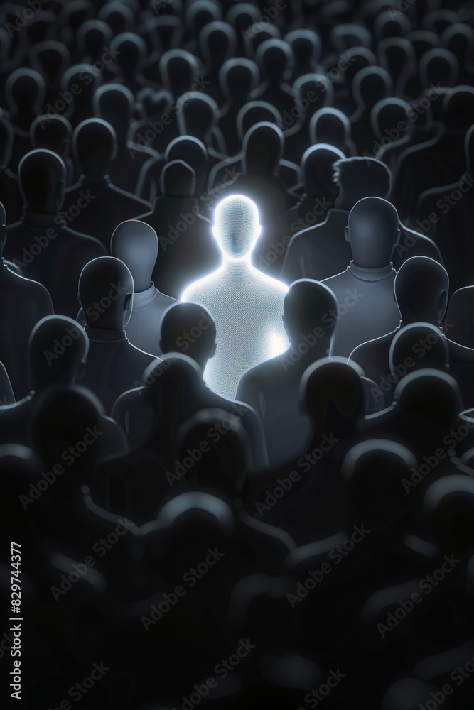 Obraz premium An illuminated figure stands out among dark silhouettes in a crowd, representing individuality and uniqueness in a sea of uniformity. 