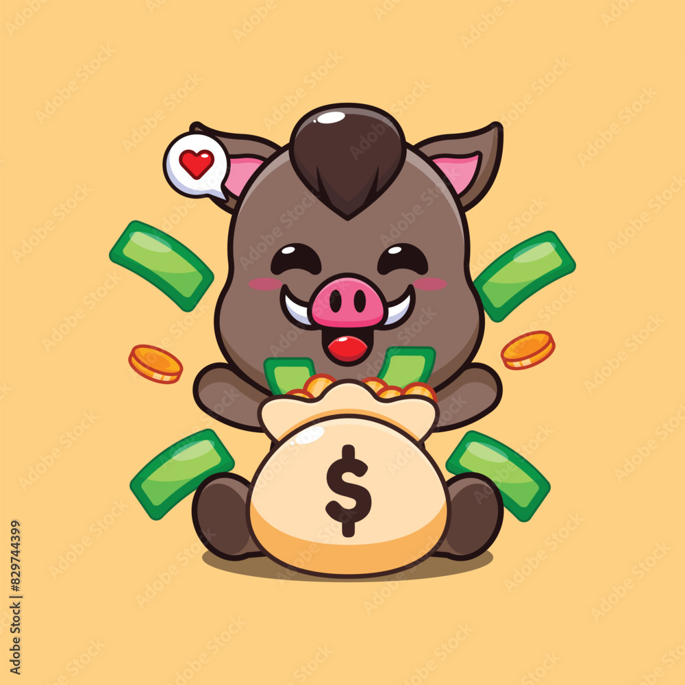 boar with money bag cartoon vector illustration.