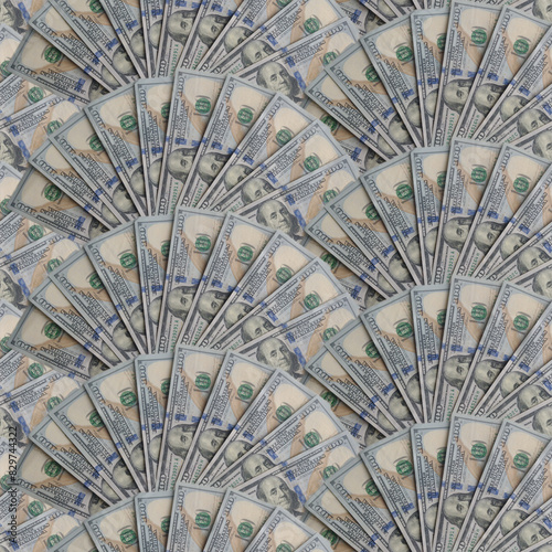 A close up of many dollar bills seamless pattern. The dollar bills are arranged in a spiral pattern, creating a visually appealing and dynamic composition.