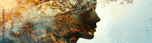Double exposure of a woman's silhouette with nature elements, symbolizing harmony and connection with the environment. Artistic and conceptual imagery.