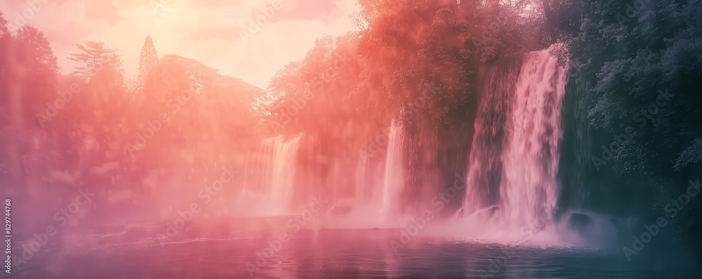 Dreamlike waterfall landscape at sunset with a warm pink and purple glow, capturing nature's serene beauty and tranquil atmosphere.
