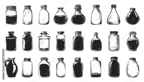 Doodle Style Jars for Various Liquids Icon Set. Jar, Liquid, Container, Bottle, Drink, Beverage, Potion, Sauce, Jam, Preserve, Condiment, Storage, Hand Drawn, Sketch, Drawing, Simple, Low Details