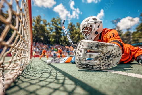 Intense field hockey moment goalkeeper s gloves deflecting fast shot, olympic sport action freeze