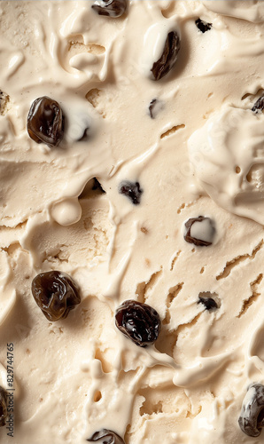 rum raisin ice cream surface close-up shot, a closeup of the rum raisin ice cream texture, highlighting its creamy base with plump raisins and a hint of rum photo