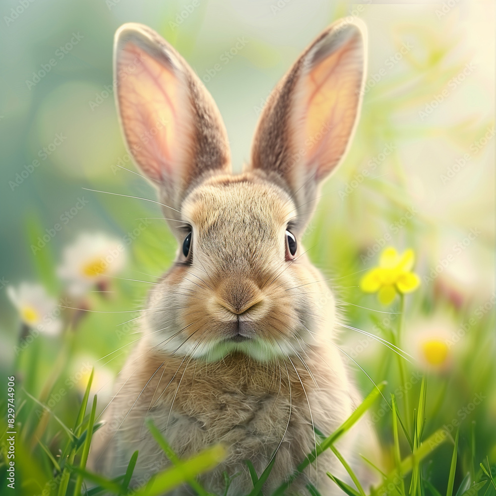 Fototapeta premium Close-up of an adorable brown bunny rabbit sitting in a spring meadow with colorful flowers and lush green grass, perfect for Easter celebrations and wildlife enthusiasts