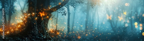 Enchanted forest scene with glowing fireflies and mystical lighting, creating a magical and dreamy atmosphere in a dark woodland setting. photo