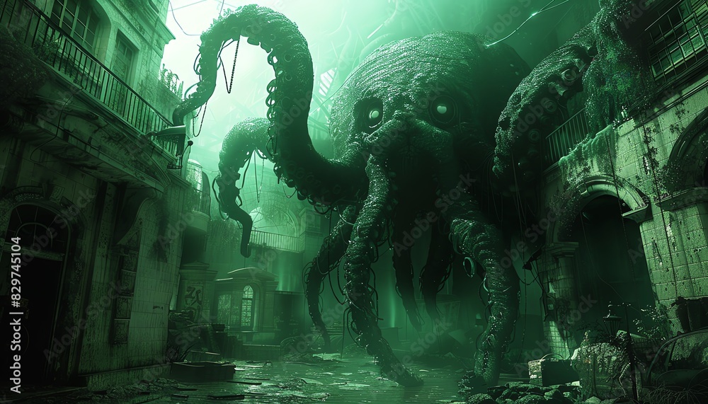 Fototapeta premium A giant, green, tentacled monster stands in a ruined city.