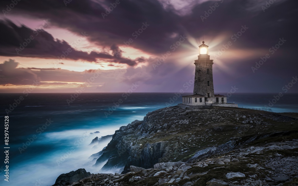 Shining old lighthouse on the rocky coast with a dark sunset background.