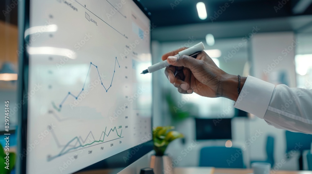 A hand holding a marker, drawing a line graph on a whiteboard in a modern office. A hand holding a marker, drawing a line graph on a whiteboard in a modern office.
