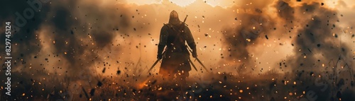 Epic scene of a warrior standing amidst a battlefield, enveloped in smoke and fire, exuding strength and determination. photo