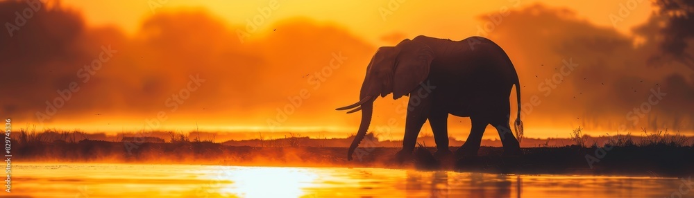 Majestic elephant walking by the water at sunrise with a vibrant sky, creating a serene and picturesque scene in the wild. Majestic elephant walking by the water at sunrise with a vibrant sky, creating a serene and picturesque scene in the wild.