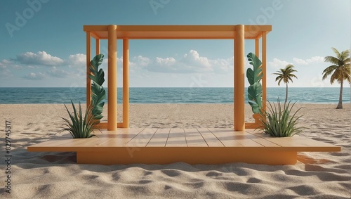 Wallpaper Mural 3d render of Abstract minimal display podium for showing products or cosmetic presentation with summer beach scene, Summer time Torontodigital.ca