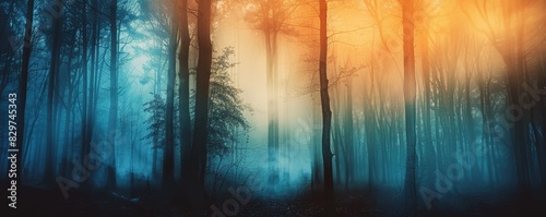 Mysterious forest with vibrant colors of blue and orange light filtering through the trees  creating an ethereal and enchanting atmosphere.