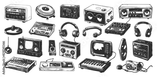 Doodle Style Retro Electronics for Sound Recording and Playback Icon Set. Retro, Vintage, Electronics, Sound, Recording, Playback, Music, Audio, Player, Recorder, Tape, Record, Phonograph, Radio