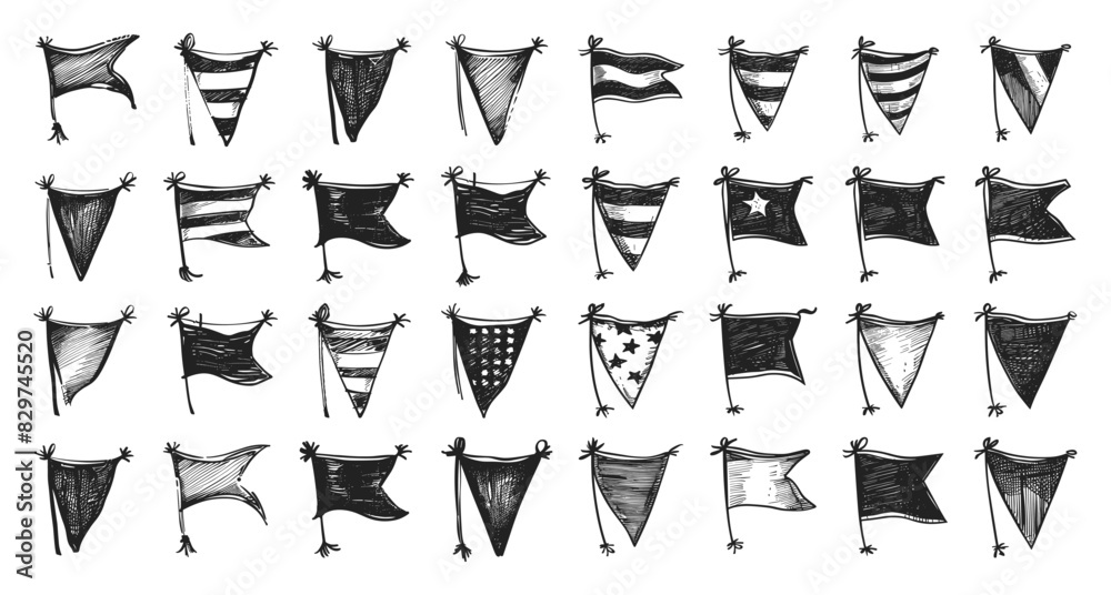 Doodle Style Retro Pennant Flags Icon Set. Retro, Pennant, Flag, Vintage, Banner, Hand Drawn, Sketch, Drawing, Simple, Low Details, Black Icons, White Background, Illustration Doodle Style Retro Pennant Flags Icon Set. Retro, Pennant, Flag, Vintage, Banner, Hand Drawn, Sketch, Drawing, Simple, Low Details, Black Icons, White Background, Illustration