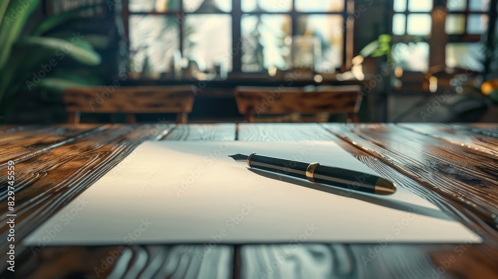 A pen on a blank sheet of paper on a rustic wooden desk by a window, bathed in natural light, creating a peaceful writing environment. A pen on a blank sheet of paper on a rustic wooden desk by a window, bathed in natural light, creating a peaceful writing environment.