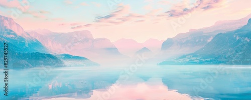 Serene landscape with pink and blue hues over a misty lake and mountains at sunrise, reflecting a calm and peaceful atmosphere. photo