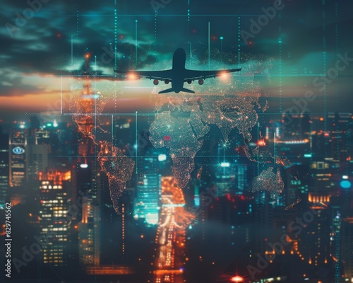 A stunning cityscape at night with an overlay of a world map and a plane flying overhead, representing global travel and connectivity.