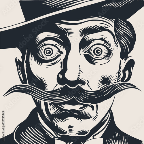 A man with surprised eyes and a surprised retro mustache, vector illustration