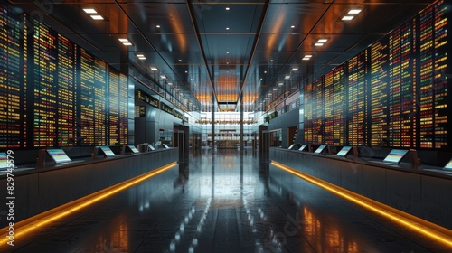 High-tech stock trading floor with augmented reality screens. photo