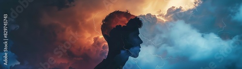 Silhouette of a man against a backdrop of dramatic clouds in vibrant colors, symbolizing introspection and creative imagination. photo