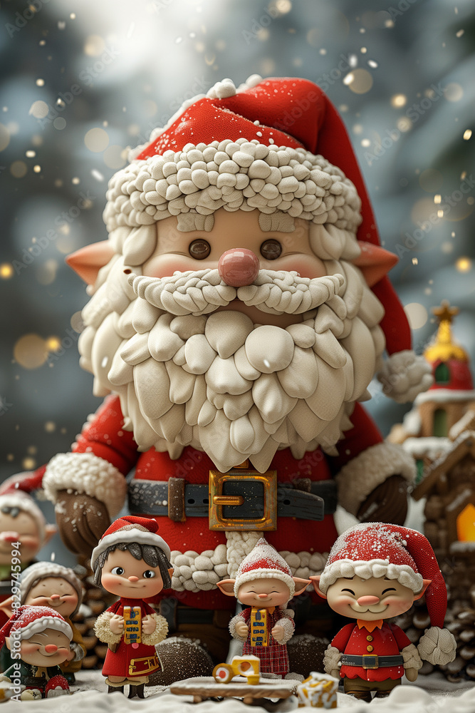 Santa Claus surrounded by cheerful figurines in a festive Christmas setting