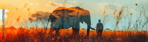 Silhouette of a person and an elephant walking in a field during a colorful sunset, creating a peaceful and harmonious nature scene.