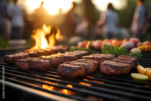 se-up of a sizzling BBQ captures the essence of a spring or summer evening celebration  with joyful people in the background