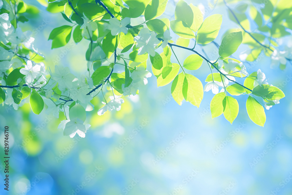 Sunlight filtering through green leaves with a soft, blurred background