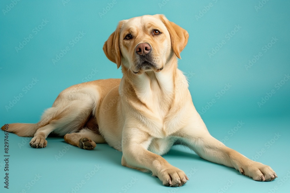 Obraz premium Full body studio portrait of a beautiful dog. The dog is lying down and looking up over a background of pastel shades, radiating charm and playfulness.