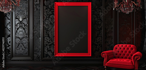 Ruby red tall blank frame stands out on sooty black vintage wallpaper, filling an expansive wall.