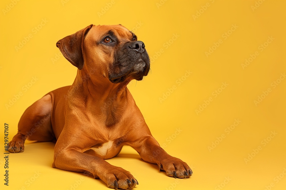 Obraz premium Full body studio portrait of a beautiful dog. The dog is lying down and looking up over a background of pastel shades, radiating charm and playfulness.