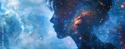 Silhouette of a woman's profile merged with a cosmic galaxy background, representing the connection between humanity and the universe. photo