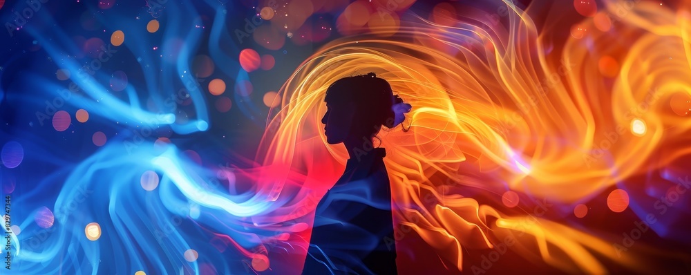 Silhouette of person surrounded by colorful swirls of light, blending vibrant blue and fiery orange hues creating a mesmerizing background.