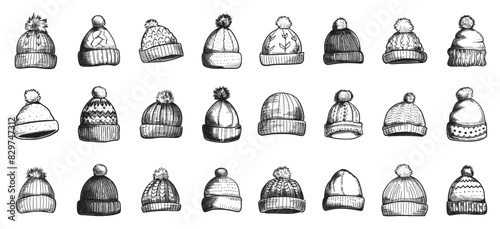 Doodle Style Winter Hats Icon Set. Hat, Winter, Cap, Beanie, Knit, Wool, Pom-Pom, Earflap, Fashion, Clothing, Headwear, Cold, Seasonal, Hand Drawn, Sketch, Drawing, Simple, Low Details, Black Icons