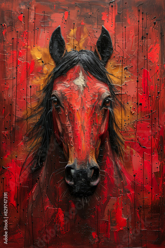 A textured acrylic painting depicting a fiery horse on a vibrant red background