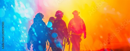 Silhouettes of three firefighters walking through a colorful  abstract background  showcasing bravery and teamwork in a dramatic scene.
