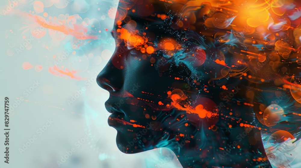 Surreal digital art of a woman's profile with abstract, fiery and colorful elements, blending art and imagination seamlessly in a single image. Surreal digital art of a woman's profile with abstract, fiery and colorful elements, blending art and imagination seamlessly in a single image.