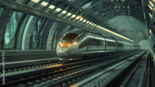 A high-speed train traveling through a modern urban tunnel system, showcasing the integration of rail infrastructure with city planning.