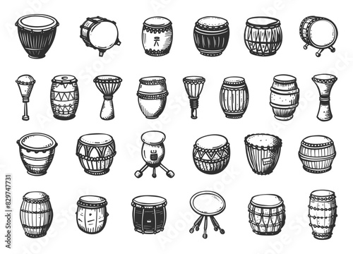 Drums of the World. Doodle Style, Hand-Drawn, Simple Black Icons Set. Drum, Percussion, Music, Instrument, Beat, Rhythm, Cultural, Ethnic, Tribal, Tradition, Hand Drawn, Sketch, Drawing, Low Details
